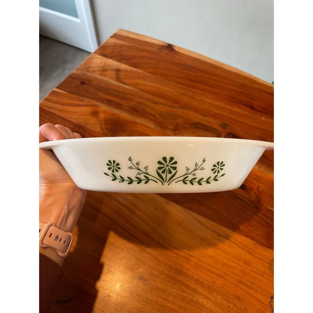 Vintage Glasbake Milk Glass Green Daisy Casserole & Divided Dish Set 2pc J2352